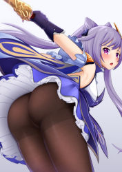 Rule 34 | 1girl, ass, bare shoulders, blush, breasts, cameltoe, dress, from behind, genshin impact, gloves, highres, keqing (genshin impact), leaning, leaning forward, long hair, looking at viewer, looking back, open mouth, pantyhose, purple eyes, purple hair, selvalanch, sideboob, skirt, solo, sword, twintails, very long hair, weapon