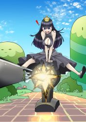 Rule 34 | !, black dress, black hair, breasts, bullet bill, cannon, cleavage cutout, clothing cutout, dress, explosion, firing, highres, large breasts, long hair, open mouth, pencils (artist), screaming, sharp teeth, sleeveless, sleeveless dress, solo, super crown, teeth