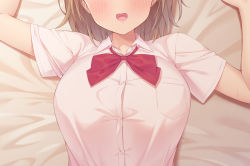 Rule 34 | 1girl, :d, bed sheet, blush, bow, bowtie, breast pocket, breasts, commentary request, hands up, head out of frame, highres, kazuma (kazumav), large breasts, lying, on back, open mouth, original, pocket, red bow, red bowtie, shirt, short sleeves, smile, solo, upper body, white shirt, wing collar