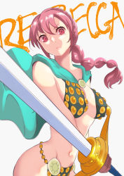 Rule 34 | 1girl, absurdres, armor, artist request, bikini armor, braid, breasts, cape, curvy, dressrosa, female focus, gladiator, highres, large breasts, long hair, looking at viewer, one piece, pink hair, rebecca (one piece), shiny skin, solo, sword, weapon