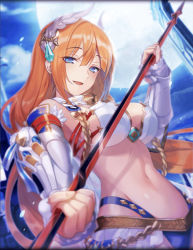 Rule 34 | 1girl, artist request, blue eyes, breasts, cleavage, detached sleeves, game cg, gauntlets, hair between eyes, hair ornament, highres, holding, holding polearm, holding spear, holding weapon, impossible clothes, large breasts, long hair, looking at viewer, moon, official art, open mouth, orange hair, phantom of the kill, pisarl (phantom of the kill), polearm, revealing clothes, spear, very long hair, weapon