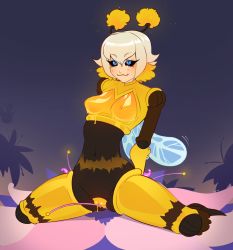 Rule 34 | 1girl, :3, antennae, arm support, arthropod girl, bee girl, black sclera, blonde hair, blue eyes, blush, breasts, colored sclera, highres, ilwha, insect girl, insect wings, league of legends, looking at viewer, medium breasts, monster girl, nipples, orbeeanna, orianna (league of legends), pussy, shiny skin, short hair, smile, solo, wings