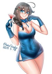 Rule 34 | 1girl, absurdres, ahoge, alternate costume, black hair, blue bow, blue bowtie, blue choker, blue eyes, blue gloves, bow, bowtie, braid, breasts, choker, cleavage, cocktail glass, cup, dated, dress, drinking glass, gloves, hair flaps, hair ornament, hair over shoulder, highres, kantai collection, katou shinobu, large breasts, long hair, looking at viewer, one-hour drawing challenge, shigure (kancolle), shigure kai san (kancolle), simple background, single braid, smile, solo, strapless, strapless dress, twitter username, white background