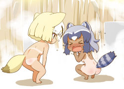Rule 34 | &gt; &lt;, 2girls, animal ear fluff, animal ears, ass, back, barefoot, bikini tan, black hair, blonde hair, blush, chibi, common raccoon (kemono friends), completely nude, crying, facing another, fang, fennec (kemono friends), fox ears, fox girl, fox tail, full body, furrowed brow, gerotan, grey hair, kemono friends, leaning forward, looking at another, medium hair, multicolored hair, multiple girls, nose blush, nude, one-piece tan, open mouth, raccoon ears, raccoon girl, raccoon tail, squatting, standing, tail, tan, tanline, unhappy, white hair