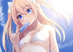 Rule 34 | 1girl, bare arms, bare shoulders, bikini, blonde hair, blue background, blue eyes, breasts, candy, cloud, commentary request, day, eating, food, hair between eyes, halterneck, holding, lollipop, long hair, looking at viewer, nekobaka, original, popsicle, small breasts, solo, swimsuit, two side up, upper body, white bikini