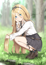Rule 34 | 1girl, :t, abigail williams (fate), alternate costume, black bow, black hairband, black necktie, black skirt, black socks, blonde hair, blue eyes, blurry, blurry background, blush, bow, brown footwear, cheek squash, closed mouth, collared shirt, commentary request, day, depth of field, fate/grand order, fate (series), grass, hair between eyes, hair bow, hairband, hand on own face, head rest, holding, holding hair, loafers, long hair, long sleeves, looking at viewer, necktie, outdoors, parted bangs, pleated skirt, polka dot, polka dot bow, pout, shirt, shoes, signature, skirt, socks, solo, squatting, tiptoes, tyone, very long hair, white shirt