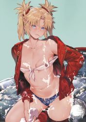 Rule 34 | 1girl, absurdres, bandeau, bare shoulders, blonde hair, blush, braid, breasts, candy, car, car wash, closed mouth, collarbone, cutoffs, denim, denim shorts, fate/apocrypha, fate (series), food, food in mouth, french braid, hair ornament, hair scrunchie, highres, jacket, lollipop, long hair, long sleeves, looking at viewer, mordred (fate), mordred (fate/apocrypha), mordred (memories at trifas) (fate), motor vehicle, navel, off shoulder, parted bangs, red jacket, red scrunchie, scrunchie, shorts, sidelocks, small breasts, soap bubbles, sponge, thighs, tokopi, twintails, washing vehicle