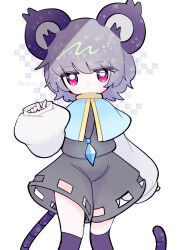 Rule 34 | 1girl, :&lt;, animal ears, blue capelet, capelet, dotaku (wran8845), dress, expressionless, eyes visible through hair, feet out of frame, gold trim, grey dress, grey hair, hand up, highres, kneehighs, long sleeves, looking at viewer, mouse ears, mouse tail, nazrin, pink eyes, puffy long sleeves, puffy sleeves, short hair, simple background, skirt, sleeves past wrists, socks, solo, standing, tail, touhou, white background