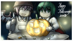 Rule 34 | 2girls, :d, bug, circled 9, closed eyes, closed mouth, commentary, english commentary, english text, firefly, glowing, green hair, grin, hair between eyes, happy halloween, hat, holding, holding knife, insect, jack-o&#039;-lantern, knife, long sleeves, looking at viewer, multiple girls, mystia lorelei, open mouth, purple hair, reef (sanomsai products), smile, touhou, tree stump, wide sleeves, wings, wriggle nightbug