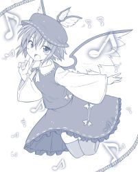 Rule 34 | 1girl, :d, bad id, bad twitter id, beamed quavers, dress, frilled dress, frills, greyscale, hat, highres, kazawa (tonzura-d), md5 mismatch, monochrome, musical note, mystia lorelei, open mouth, quaver, resized, smile, staff (music), thighhighs, touhou, wings