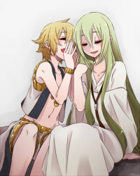 Rule 34 | 2boys, aged down, androgynous, blonde hair, child, child gilgamesh (fate), enkidu (fate), fate/hollow ataraxia, fate/strange fake, fate/zero, fate (series), gilgamesh (fate), green hair, jewelry, kalanchoe xxxx, long hair, male focus, multiple boys, navel, necklace, short hair, smile, trap, whispering