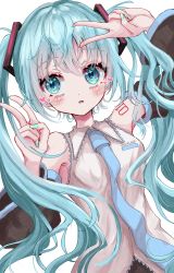 Rule 34 | 1girl, absurdres, aqua eyes, aqua hair, aqua nails, blue necktie, detached sleeves, double v, hatsune miku, heart, highres, kayon (touzoku), long hair, looking at viewer, nail polish, necktie, open mouth, simple background, solo, tattoo, twintails, upper body, v, vocaloid, white background