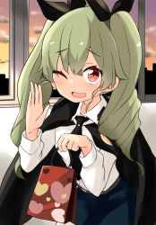 Rule 34 | 1girl, anchovy (girls und panzer), anzio school uniform, bag, barashiya, black cape, black necktie, black ribbon, black skirt, cape, commentary, dress shirt, drill hair, girls und panzer, green hair, hair ribbon, heart, highres, holding, holding bag, indoors, long hair, long sleeves, looking at viewer, miniskirt, necktie, one eye closed, open mouth, pleated skirt, red eyes, ribbon, school uniform, shirt, skirt, smile, solo, standing, twin drills, twintails, valentine, white shirt, wing collar