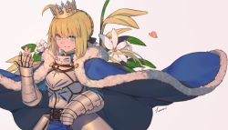 Rule 34 | 1girl, ahoge, armor, armored dress, artist name, artoria pendragon (all), artoria pendragon (fate), blonde hair, blue cape, blue dress, blue eyes, blush, breastplate, bug, butterfly, butterfly on hand, cape, closed mouth, dress, fate/stay night, fate (series), faulds, flower, fur-trimmed cape, fur trim, gauntlets, highres, insect, lanzi (415460661), rown, saber (fate), short hair, signature, smile, solo, upper body, white flower