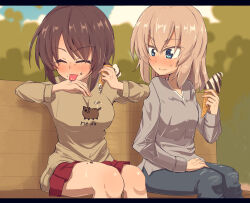 Rule 34 | 2girls, animal print, blue eyes, blue pants, brown hair, brown sweater, casual, cat print, closed eyes, closed mouth, commentary, day, food, food on body, food on clothes, food on face, food on hand, food on legs, girls und panzer, grey hair, grey shirt, highres, holding, holding food, ice cream, itsumi erika, jinguu (4839ms), letterboxed, licking, long sleeves, looking at another, medium hair, miniskirt, multiple girls, nishizumi maho, outdoors, pants, pleated skirt, print sweater, red skirt, shirt, short hair, sitting, skirt, smile, sweatdrop, sweater, tongue, tongue out, v-neck