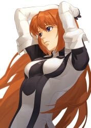 Rule 34 | 1girl, arms up, asagi (banzoku210), blue eyes, breasts, closed mouth, commentary request, elhaym van houten, expressionless, gloves, highres, long hair, looking at viewer, medium breasts, orange hair, simple background, solo, uniform, very long hair, white background, xenogears