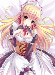Rule 34 | 1girl, bed sheet, blonde hair, blush, breasts, cleavage, cleavage cutout, clothing cutout, corset, eclair femirinsu, hand on own chest, handmaid garden, headdress, long hair, looking at viewer, lying, maid, maid headdress, milkshakework, mouth hold, on back, solo, yellow eyes