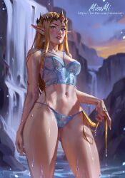 Rule 34 | 1girl, absurdres, blue eyes, blue panties, breasts, cinderella bust, commentary, crown, english commentary, forehead jewel, gluteal fold, hair tubes, highres, hyrule warriors, lace, lace-trimmed panties, lace trim, lingerie, long hair, long pointy ears, looking at viewer, medium breasts, misa mi, nintendo, panties, pointy ears, princess zelda, solo, standing, the legend of zelda, thick thighs, thighs, underwear, underwear only, very long hair, wading, water, wet