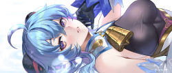 Rule 34 | absurdres, ahoge, bare shoulders, bell, black gloves, blue hair, breasts, deras, detached sleeves, ganyu (genshin impact), genshin impact, gloves, gold trim, highres, horns, long hair, looking at viewer, lying, medium breasts, neck bell, on back, paid reward available, purple eyes, sideboob, sidelocks, smile, solo, upper body, white background