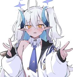 Rule 34 | 0ver sd, 1girl, ahoge, blue archive, blue hair, blue necktie, buttons, choppy bangs, coat, cropped torso, dark-skinned female, dark skin, double v, hair between eyes, halo, highres, hip vent, horns, light blush, long hair, multicolored hair, necktie, open mouth, pointy ears, sketch, sleeves past wrists, sumomo (blue archive), tears, twintails, v, very long hair, white coat, white hair, white unitard, yellow eyes