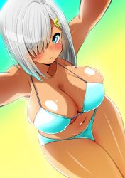 Rule 34 | 10s, 1girl, bare shoulders, bikini, blue bikini, blue eyes, blush, breasts, cleavage, curvy, gradient background, hair ornament, hair over one eye, hairclip, hamakaze (kancolle), huge breasts, kantai collection, looking at viewer, navel, perepere-kun, pout, short hair, silver hair, solo, strap gap, swimsuit, tan, thick thighs, thighs, wide hips
