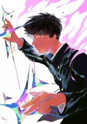 Rule 34 | 1boy, absurdres, arms up, black hair, buttons, fighting stance, high collar, highres, holding, holding weapon, kageyama shigeo, long sleeves, mob psycho 100, no pupils, parted lips, psychic, qii yu, school uniform, short hair, upper body, weapon, white background