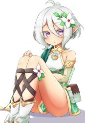 Rule 34 | 1girl, :o, antenna hair, bare shoulders, detached sleeves, feet out of frame, flat chest, flower, hair between eyes, hair flower, hair ornament, highres, klaius, kokkoro (princess connect!), legs together, looking at viewer, parted lips, pointy ears, pouch, princess connect!, purple eyes, sandals, see-through, see-through sleeves, simple background, sitting, solo, white background, white flower, white hair