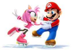 Rule 34 | 1boy, 1girl, ahoge, amy rose, big nose, blue eyes, facial hair, furry, gloves, green eyes, hairband, hat, ice skating, mario, mario &amp; sonic at the olympic games, mario (series), mustache, nintendo, official art, sega, skating, sonic (series), super mario bros. 1, white gloves