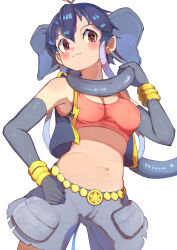 1girl :3 absurdres animal_ears bare_shoulders blush borneo_elephant_(kemono_friends) bracelet cowboy_shot crop_top elbow_gloves elephant_ears elephant_girl elephant_tail extra_ears gloves gold_belt grey_hair grey_scarf grey_shorts grey_sleeves grey_vest highres jewelry kemono_friends midriff multicolored_hair navel open_clothes open_vest orange_eyes orange_shirt osnmykk scarf shirt short_hair_with_long_locks shorts sidelocks sleeveless solo two-tone_hair vest