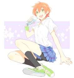 Rule 34 | 10s, 1girl, :d, black socks, bottle, collared shirt, green footwear, hoshizora rin, karuha, looking at viewer, love live!, love live! school idol project, open mouth, orange hair, plaid, plaid skirt, pleated skirt, popped collar, shirt, shoes, short hair, short sleeves, shorts, shorts under skirt, skirt, smile, socks, solo, star (symbol), starry background, sweatband, tomboy, white shirt, yellow eyes