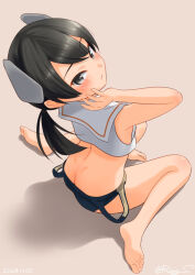 1girl ass barefoot black_hair black_one-piece_swimsuit brown_background butt_crack clothes_pull feet from_above from_behind grey_eyes headgear i-41_(kancolle) kantai_collection looking_at_viewer low_ponytail medium_hair one-hour_drawing_challenge one-piece_swimsuit one-piece_swimsuit_pull ray.s sailor_collar sailor_shirt shadow shirt simple_background sitting sleeveless sleeveless_shirt soles solo swimsuit toes wariza white_sailor_collar