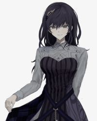 Rule 34 | 1girl, arm behind back, belt, black belt, black dress, black hair, blue belt, breasts, chain, character request, dress, grey background, grey shirt, hair ornament, highres, iumi urura, large breasts, long sleeves, looking at viewer, parted lips, plaid, project sekai, shirt, simple background, smile, solo, striped clothes, striped dress, teeth