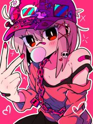 Rule 34 | 1girl, bandaid, bandaid on chest, bandaid on face, bandaid on hand, bandaid on nose, bandaid on shoulder, baseball cap, black skirt, blush, chain, chewing gum, collarbone, ear piercing, hair ornament, hat, hat pin, heart, highres, long sleeves, looking at viewer, mukkusan, off-shoulder sweater, off shoulder, original, outline, piercing, pink background, pink hair, pink hat, pink sweater, pink theme, red eyes, sidelocks, simple background, skirt, solo, sweater, v, white outline, x, x hair ornament