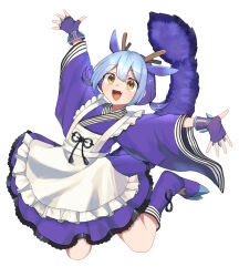 Rule 34 | 1girl, apron, blue hair, dragon girl, dragon horns, dragon tail, dress, duel monster, full body, gloves, highres, horns, laundry dragonmaid, long sleeves, maid, maid apron, multicolored hair, open mouth, pinyata (pinyaland), short hair, smile, tail, wa maid, white background, yellow eyes, yu-gi-oh!