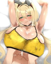 1boy 1girl absurdres aizawa_marimo animal_ears areola_slip armpit_focus armpits arms_up blonde_hair breasts collar covered_erect_nipples cum cum_on_body cum_on_breasts cum_on_upper_body cum_string goddess_of_victory:_nikke grabbing grabbing_another&#039;s_breast green_eyes groping hair_ornament hairclip highres huge_breasts lactation lactation_through_clothes long_hair lying on_back on_bed paizuri rabbit_ears rupee_(nikke) sports_bra steaming_body stray_pubic_hair sweat sweatdrop sweaty_clothes yellow_sports_bra