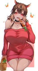 Rule 34 | 1girl, absurdres, animal ears, bare shoulders, black choker, borrowed character, breasts, brown hair, carrot, choker, cleavage, collarbone, commentary request, dress, eyelashes, hat iue, heart, highres, holding, holding carrot, huge breasts, long sleeves, looking at viewer, medium hair, open mouth, original, pink dress, red eyes, shiny skin, simple background, smile, solo, standing, sweater, sweater dress, thick thighs, thighs, white background, wide hips