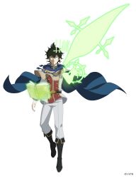 Rule 34 | 1boy, belt, black clover, black clover m: rise of the wizard king, black footwear, black hair, blue cape, book, boots, brown capelet, brown eyes, cape, capelet, full body, fur-trimmed capelet, fur trim, gold buttons, green eyes, grimoire, heterochromia, high collar, highres, knee boots, looking at viewer, magic, official art, open book, pants, red shirt, shirt, simple background, solo, two-tone shirt, white background, white pants, white shirt, yuno (black clover)