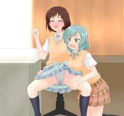 Rule 34 | 2girls, aqua hair, bang dream!, black socks, blue neckwear, blue skirt, blush, bow, braid, breasts, brown hair, brown sweater, chair, clenched hand, closed eyes, embarrassed, female focus, flat chest, green eyes, grey panties, hair bow, hand up, happy, have to pee, hazawa tsugumi, highres, hikawa hina, holding legs, indoors, kneehighs, kneeling, looking at another, miniskirt, multiple girls, necktie, nose blush, open mouth, panties, plaid, plaid skirt, pleated skirt, red neckwear, red skirt, school uniform, sen no yugami, shirt, short hair, short sleeves, sitting, skirt, small breasts, smile, socks, spread legs, striped neckwear, sweat, sweater, textless version, trembling, twin braids, underwear, wet, wet clothes, wet panties, white shirt, yellow bow, yuri
