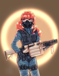 Rule 34 | 1girl, artist name, black gloves, blue jumpsuit, celica (fire emblem), commentary, commission, english commentary, fire emblem, fire emblem echoes: shadows of valentia, gas mask, gloves, goggles, grenade launcher, gun, holding, holding gun, holding weapon, jumpsuit, long hair, looking at viewer, mask, military uniform, milkor mgl, nintendo, orange hair, rainbow six siege, revolver grenade launcher, rin (strawberrinns), second-party source, solo, special air service, thatcher (rainbow six siege), uniform, union jack, united kingdom, weapon