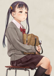 Rule 34 | 1girl, bag, black hair, black legwear, black skirt, blush, bow, bowtie, brown background, brown bag, feet out of frame, grey eyes, grey sweater, holding, holding bag, long hair, long sleeves, murata range, original, plaid, plaid bow, plaid bowtie, plaid neckwear, pleated skirt, red bow, red bowtie, simple background, sitting, skirt, sleeves past wrists, solo, sweater, twintails