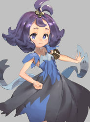 Rule 34 | 1girl, :3, acerola (pokemon), armlet, blue eyes, creatures (company), dress, game freak, grey background, highres, looking at viewer, nintendo, pokemon, pokemon sm, purple hair, simple background, smile, solo, tanakalma, topknot, torn clothes, torn dress