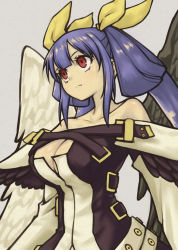 Rule 34 | 0g0nn, 1girl, angel wings, asymmetrical wings, bad id, bad pixiv id, bare shoulders, belt, blue hair, breasts, cleavage, cleavage cutout, closed mouth, clothing cutout, collarbone, detached sleeves, dizzy (guilty gear), frown, guilty gear, guilty gear xrd, hair between eyes, hair ribbon, hair rings, highres, large breasts, long hair, looking afar, monster girl, red eyes, ribbon, serious, simple background, solo, twintails, wings, yellow ribbon