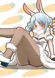 Rule 34 | 1girl, animal ears, armband, back-seamed legwear, black gloves, black leotard, blue hair, blush stickers, braid, breasts, carrot hair ornament, carrot print, commentary, covering own mouth, don-chan (usada pekora), dress, extra ears, food-themed hair ornament, food print, frilled armband, frills, fur-trimmed anklet, fur-trimmed gloves, fur scarf, fur trim, gloves, grey pantyhose, hair ornament, hololive, leg up, leotard, long hair, looking at viewer, multicolored hair, pantyhose, rabbit ears, rabbit girl, rabbit tail, red eyes, seamed legwear, shoes, sitting, small breasts, solo, strapless, strapless dress, tail, thick eyebrows, twin braids, twintails, twitter username, two-tone hair, usada pekora, usada pekora (1st costume), virtual youtuber, white dress, white footwear, white hair, zannen na hito