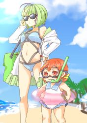 Rule 34 | 2girls, :&lt;, :3, antenna hair, bag, beach, bikini, blue bikini, breasts, closed mouth, cloud, corrupted twitter file, day, diving mask, goggles, green hair, hair ribbon, hand on own hip, highres, innertube, jacket, kaiboukan no. 4 (kancolle), kantai collection, long sleeves, mocchi (mocchichani), multicolored hair, multiple girls, one-piece swimsuit, orange eyes, orange hair, outdoors, purple hair, ribbon, short hair, sky, small breasts, snorkel, streaked hair, sunglasses, swim ring, swimsuit, take (kancolle), water, white jacket