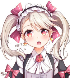 Rule 34 | 1girl, absurdres, blush, chloe (epic seven), dress, earrings, epic seven, hair ribbon, highres, jewelry, looking at viewer, machin4719, maid, maid headdress, pink eyes, ribbon, twintails, white hair