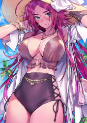 Rule 34 | 1girl, bag, bare shoulders, belly chain, blue eyes, blush, bracelet, breasts, cleavage, collarbone, collared shirt, cross-laced clothes, detached sleeves, dress shirt, earrings, fate/extra, fate (series), francis drake (fate), hat, highres, jewelry, large breasts, long hair, long sleeves, looking at viewer, matsuda (matsukichi), necklace, open clothes, open shirt, parted bangs, pink hair, scar, scar on face, shirt, shoulder bag, single detached sleeve, smile, solo, sun hat, thighs, white shirt