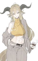 1girl animal_ears arknights coffee cup degenbrecher_(arknights) disposable_cup goat_ears goat_girl goat_horns highres horns light_brown_hair navel official_alternate_costume pants simple_background sleeveless smile solo unfox_9 white_background