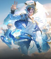 Rule 34 | 3boys, :d, animal ears, backlighting, band uniform, belt, blue sky, brown hair, cat ears, chain, cloud, cloudy sky, commentary, commentary request, cowboy shot, cropped jacket, denim, english text, erune, eye mask, falling feathers, feathers, feower (granblue fantasy), floating clothes, from below, gold chain, gran (granblue fantasy), granblue fantasy, grey hair, half mask, highres, holding, holding microphone, idol, jeans, light particles, light rays, looking at viewer, mask, messy hair, microphone, minaba hideo, multiple boys, music, official alternate costume, official art, open mouth, pants, plaid, plaid shorts, promotional art, purple eyes, reaching, seox (granblue fantasy), shirt, short hair, shorts, singing, sky, smile, star (symbol), sunlight, sweatdrop, third-party source, v, white feathers, white shirt, wolf ears