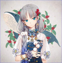 Rule 34 | 1girl, animal, blue bow, blue dress, blue eyes, blue hair, blue nails, bow, breasts, closed mouth, commentary, dress, earrings, fingernails, flower, gradient hair, grey hair, hair flower, hair ornament, hakusai (tiahszld), head tilt, holding, holding flower, jewelry, mole, mole under eye, multicolored hair, nail polish, original, puffy short sleeves, puffy sleeves, see-through, see-through sleeves, shirt, short sleeves, small breasts, solo, striped clothes, striped dress, symbol-only commentary, vertical-striped clothes, vertical-striped dress, whale, white bow, white flower, white shirt