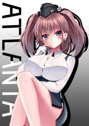 Rule 34 | 1girl, absurdres, atlanta (kancolle), black skirt, blush, breasts, brown hair, earrings, garrison cap, gloves, gradient background, grey eyes, hair between eyes, hat, high-waist skirt, highres, jewelry, kantai collection, large breasts, lcel, long hair, long sleeves, looking at viewer, name tag, partially fingerless gloves, shirt, sitting, skirt, solo, star (symbol), star earrings, suspender skirt, suspenders, twintails, two side up, white shirt